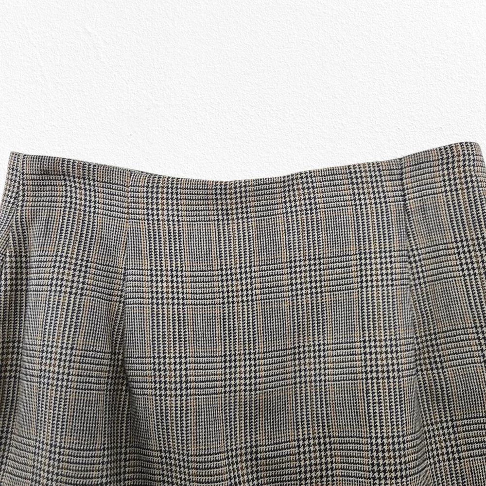Halston Gray Tan Glen Check Wool Plaid Tailored Straight A-Line Skirt Size 10